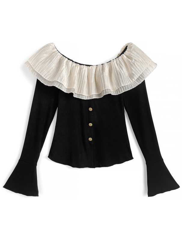 フリルオフショルダーリブトップス