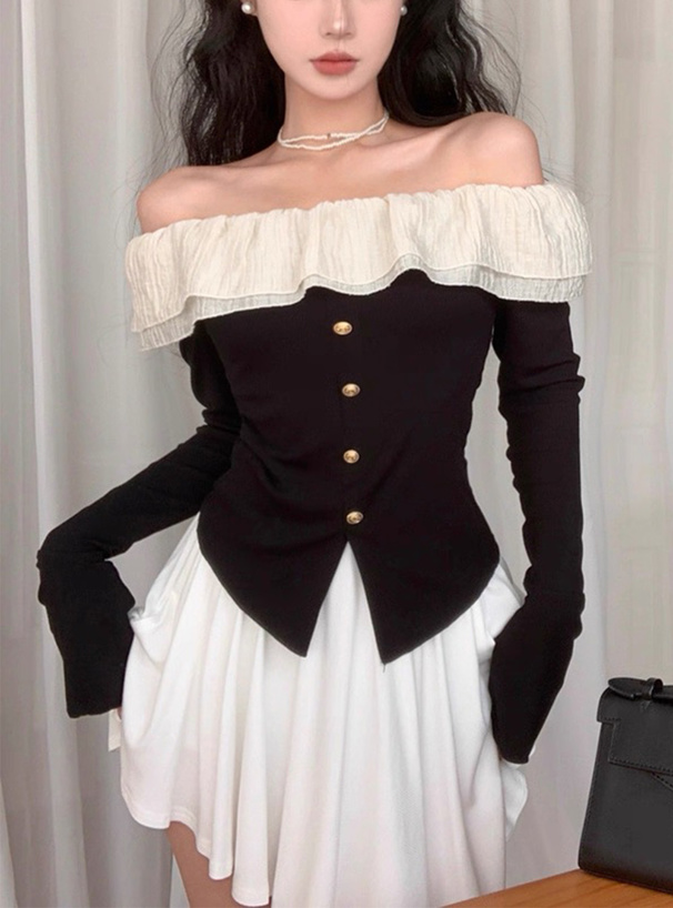 フリルオフショルダーリブトップス