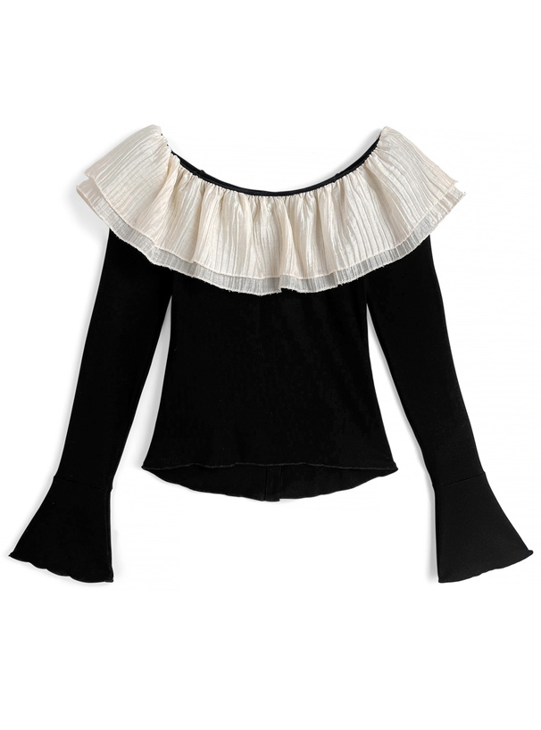 フリルオフショルダーリブトップス