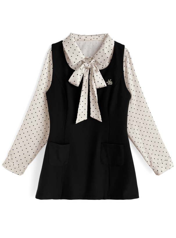 リボン付きドット柄シャツ×スクエアネックノースリーブミニワンピースセットアップ[at2569]
