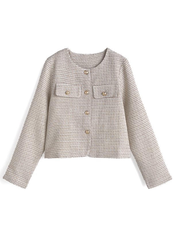 ツイードノーカラーゴールドボタンジャケット