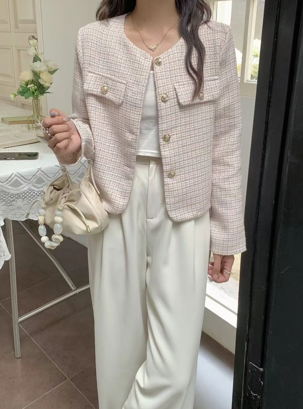 ツイードノーカラーゴールドボタンジャケット[at2570