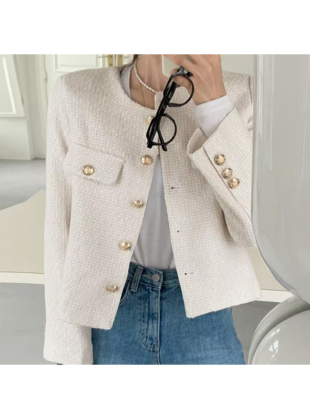 ゴールドボタンノーカラーツイードジャケット