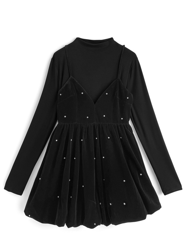 ビジューベロアキャミソールミニワンピース×ボトルネックトップスセットアップ