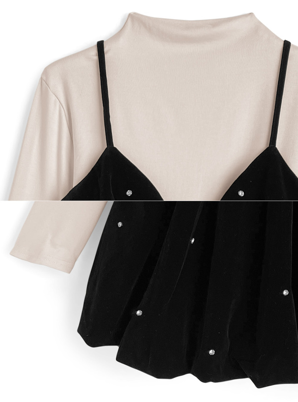 ビジューベロアキャミソールミニワンピース×ボトルネックトップスセットアップ