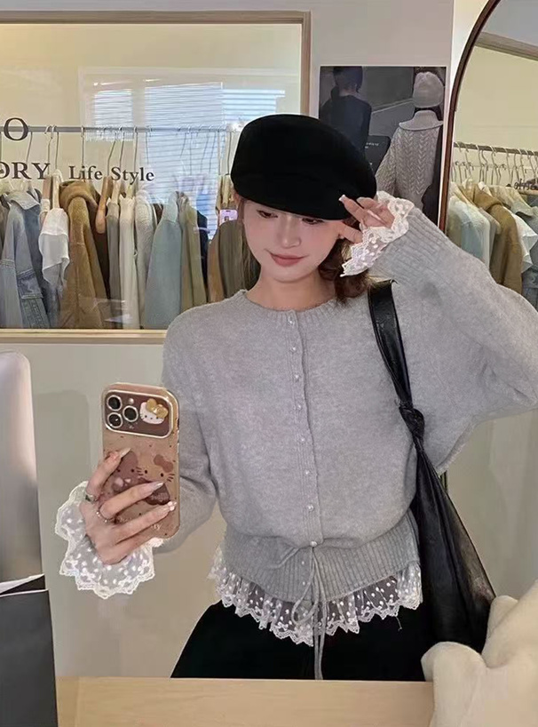 リボンレースフリルニットカーディガン