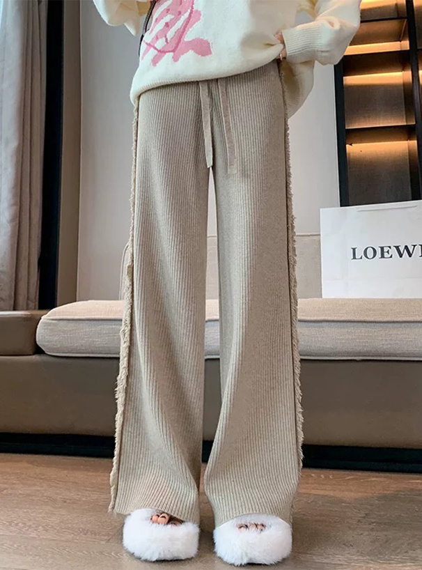 サイドフリンジラインリブニットパンツ