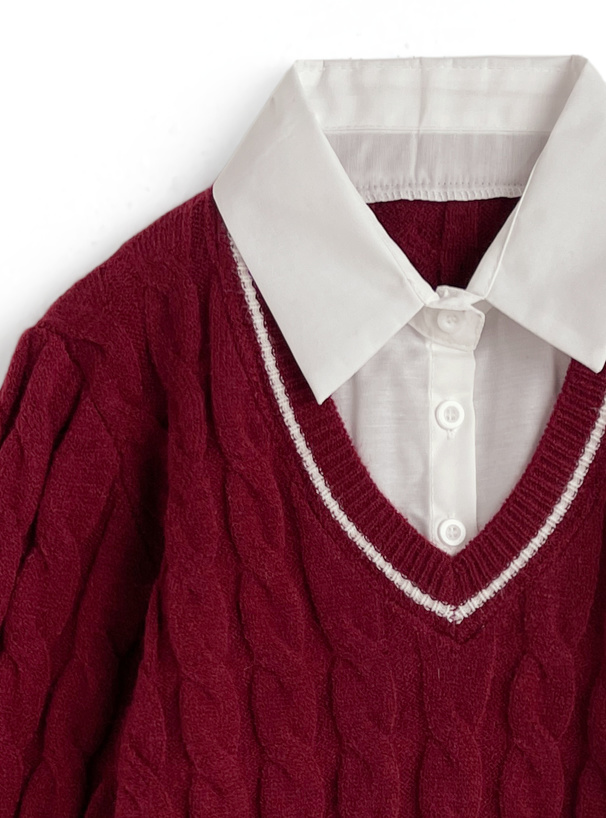 シャツレイヤード風ケーブル編みニットトップス[at2587] | レディース