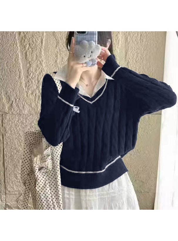 シャツレイヤード風ケーブル編みニットトップス[at2587] | レディース