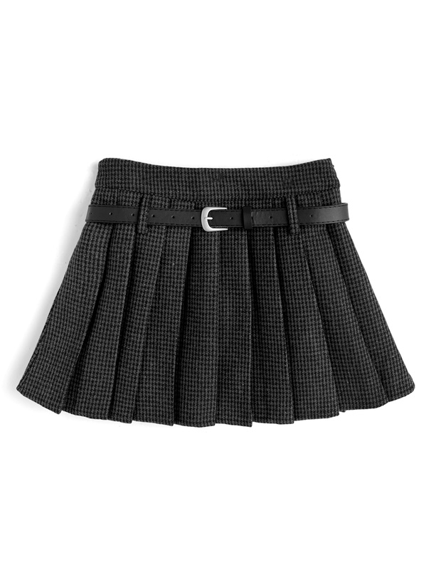 インパン裏地・ベルト付き千鳥柄プリーツミニスカート[at2593]