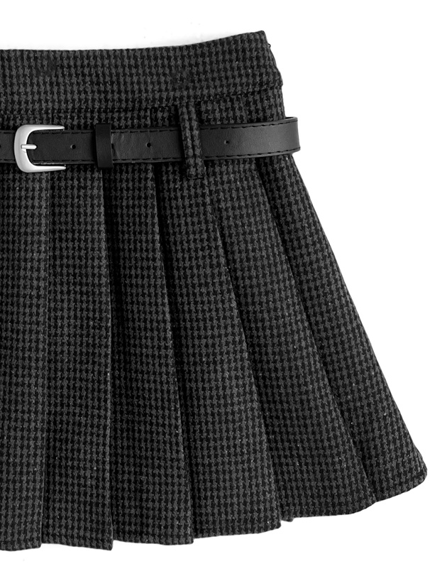 インパン裏地・ベルト付き千鳥柄プリーツミニスカート[at2593