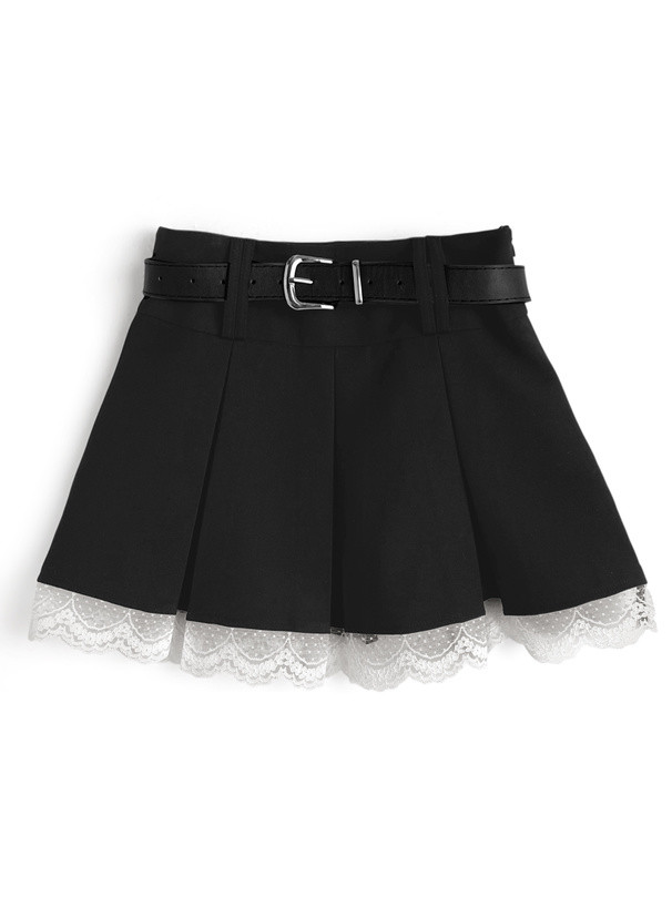 インパン裏地・ベルト付きレースプリーツミニスカート[at2595]