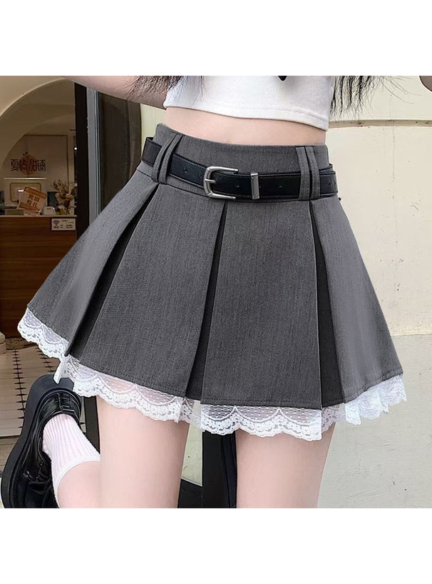 インパン裏地・ベルト付きレースプリーツミニスカート[at2595