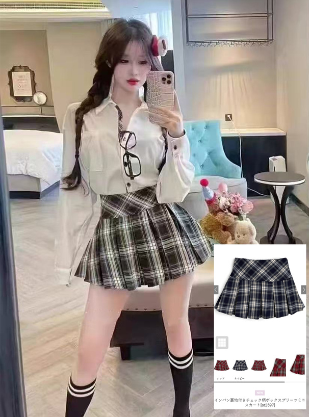 インパン裏地付きチェック柄ボックスプリーツミニスカート[at2597