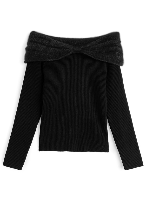 シャギーリボンカラーオフショルダーニットトップス