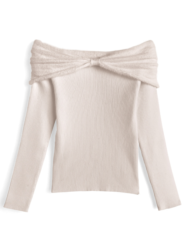 シャギーリボンカラーオフショルダーニットトップス