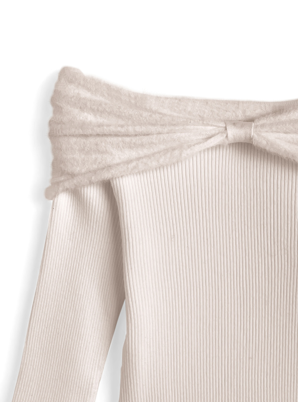 シャギーリボンカラーオフショルダーニットトップス