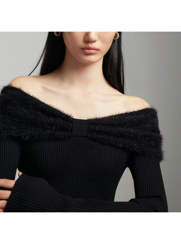 シャギーリボンカラーオフショルダーニットトップス