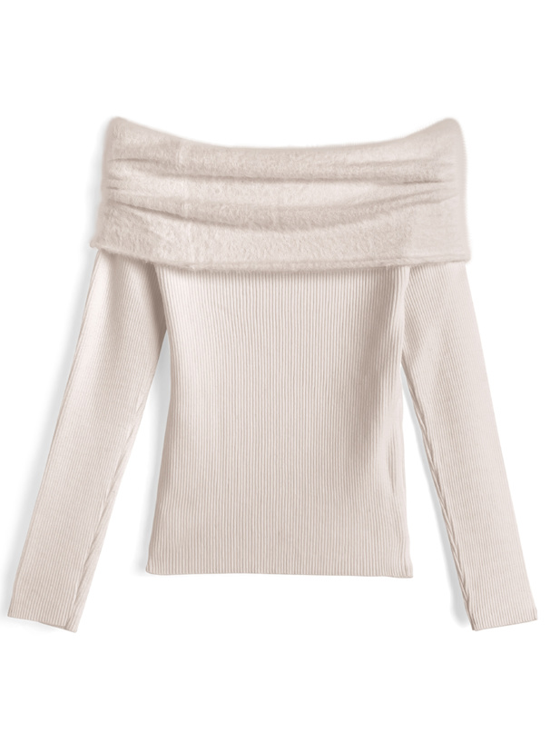 シャギーリボンカラーオフショルダーニットトップス