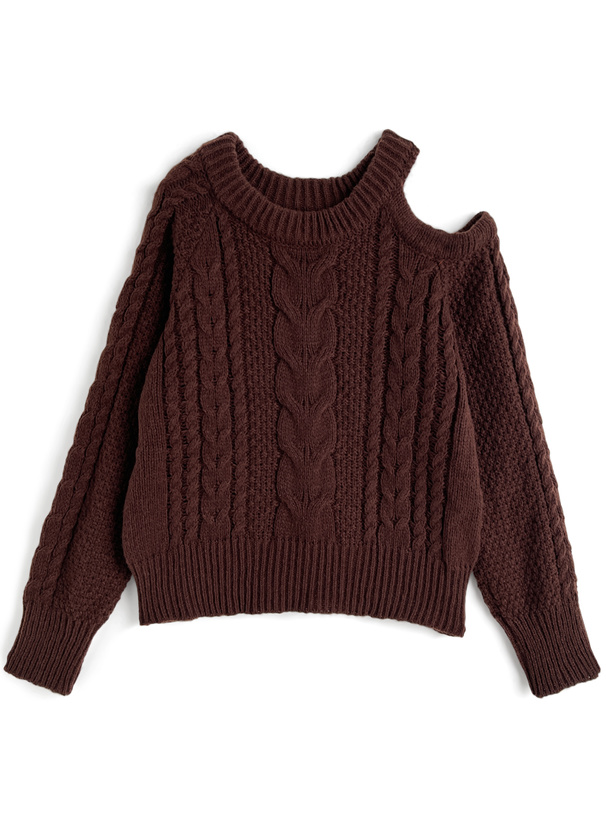 オープンショルダーケーブル編みニットトップス