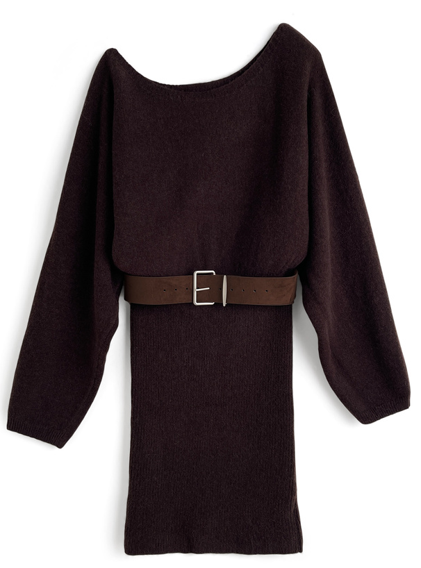 ベルト付きワンショルダーニットミニワンピース