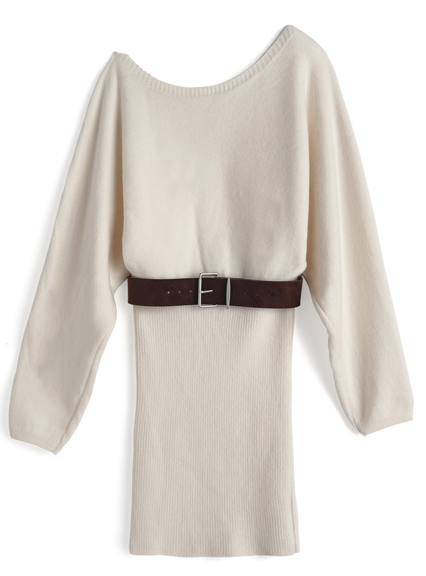 ベルト付きワンショルダーニットミニワンピース