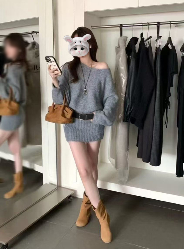 ベルト付きワンショルダーニットミニワンピース