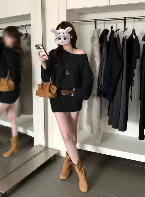 ベルト付きワンショルダーニットミニワンピース