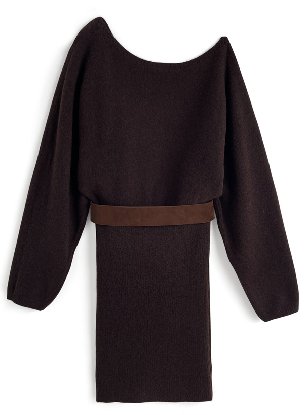 ベルト付きワンショルダーニットミニワンピース