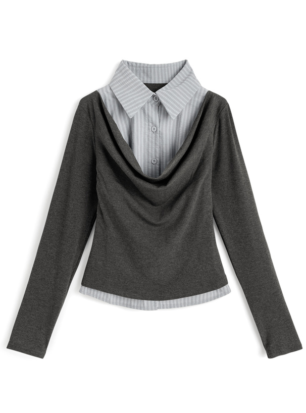 ストライプ柄シャツレイヤード風ドレープトップス