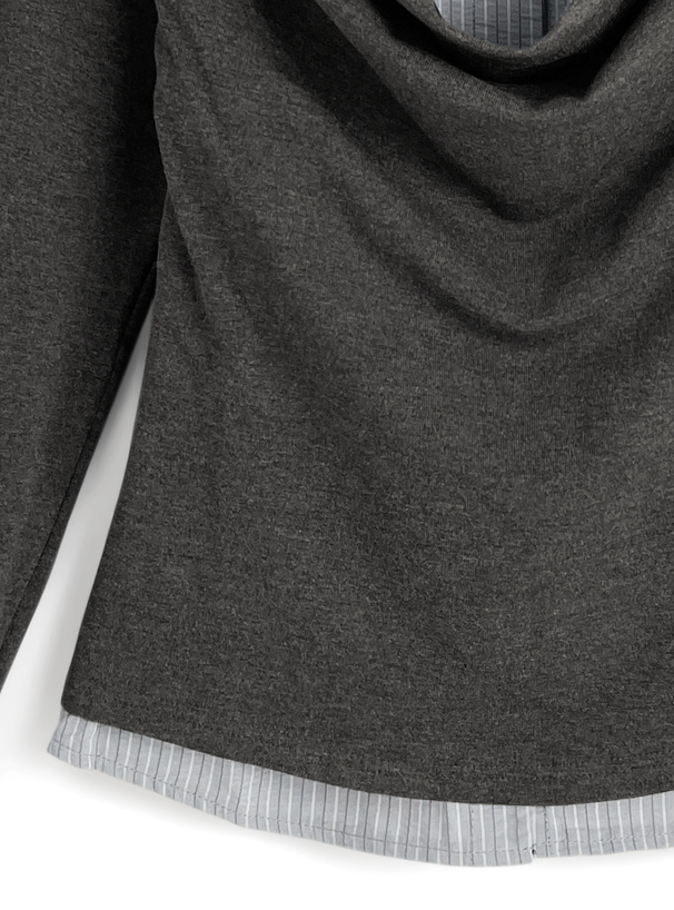 ストライプ柄シャツレイヤード風ドレープトップス