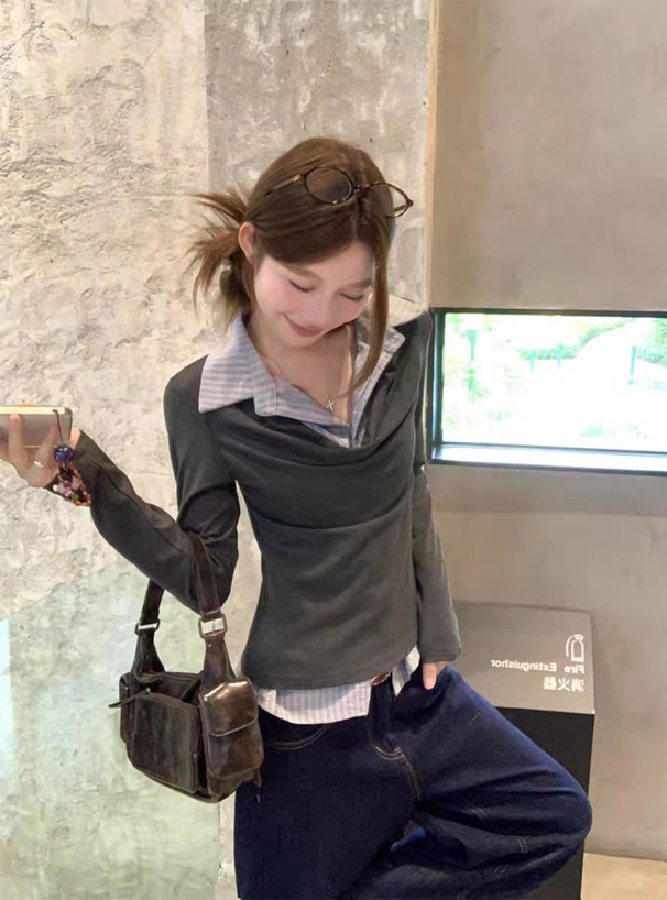 ストライプ柄シャツレイヤード風ドレープトップス