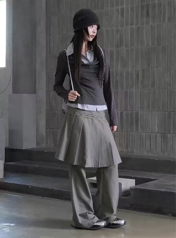 ストライプ柄シャツレイヤード風ドレープトップス