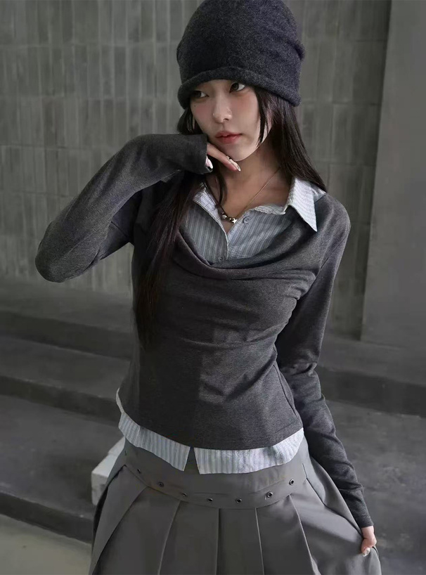 ストライプ柄シャツレイヤード風ドレープトップス[at2615