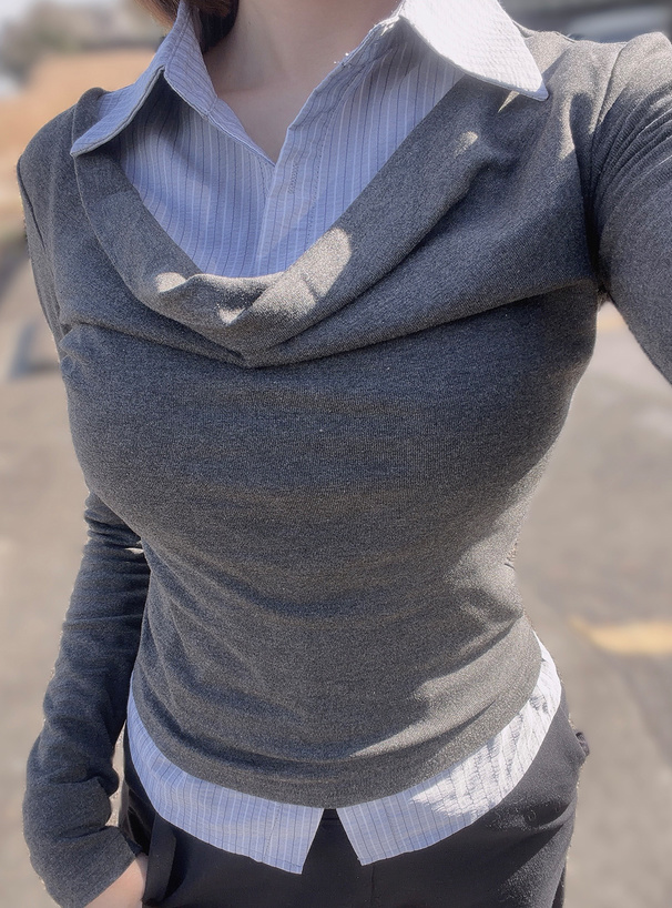 ストライプ柄シャツレイヤード風ドレープトップス