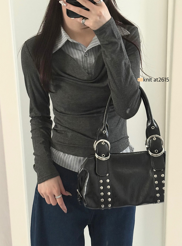 ストライプ柄シャツレイヤード風ドレープトップス