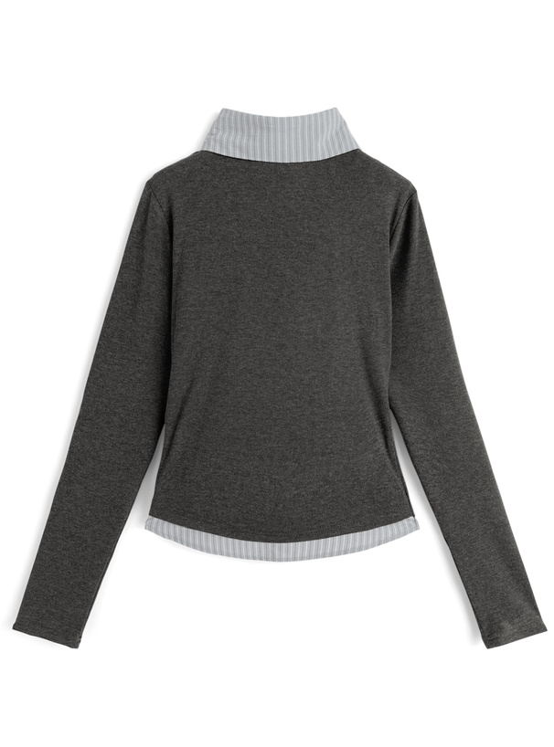 ストライプ柄シャツレイヤード風ドレープトップス