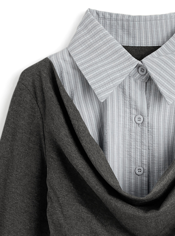 ストライプ柄シャツレイヤード風ドレープトップス