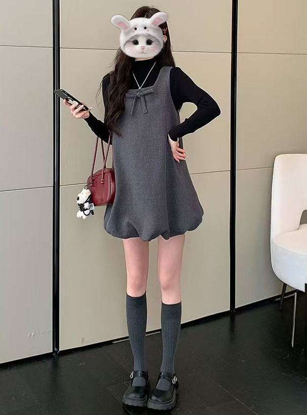 ハイネックニットトップス×リボンバルーンミニワンピースセットアップ