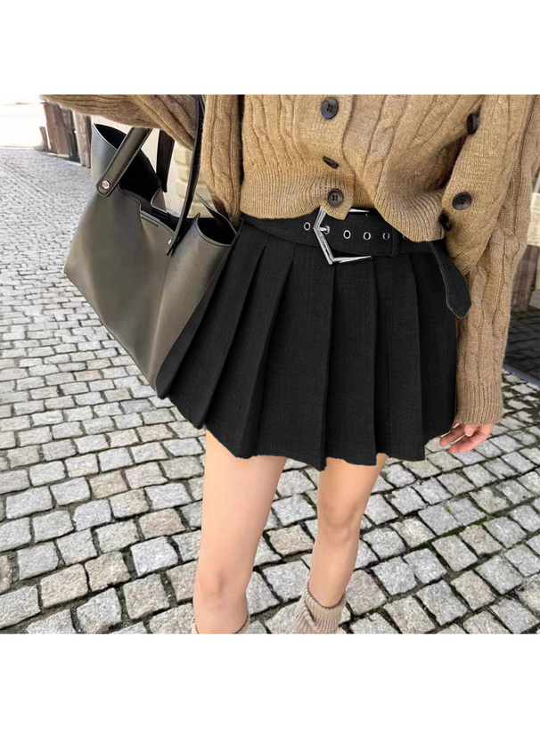 インパン裏地・ベルト付きプリーツミニスカート