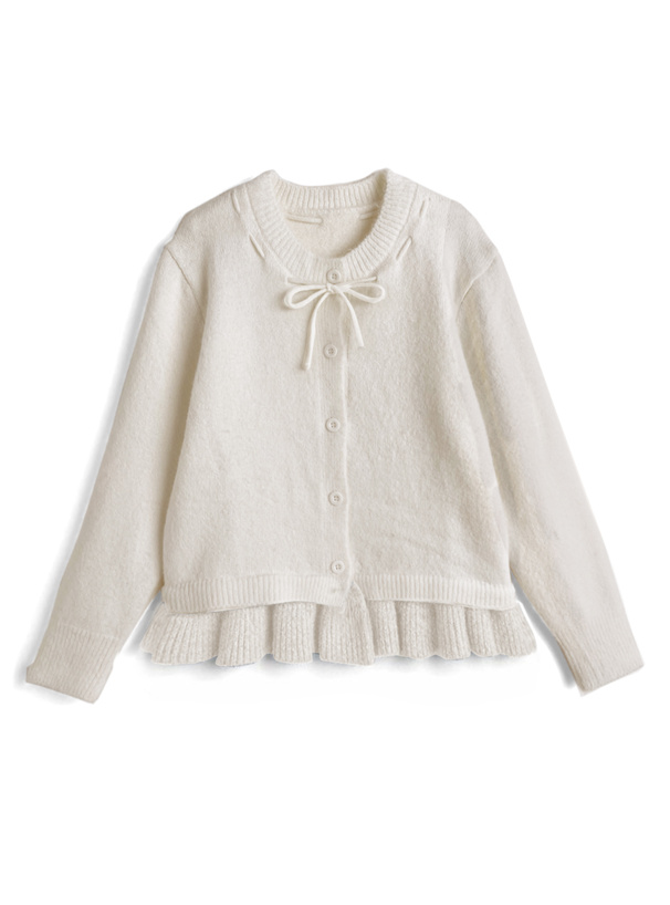 ステッチリボンフリルニットカーディガン