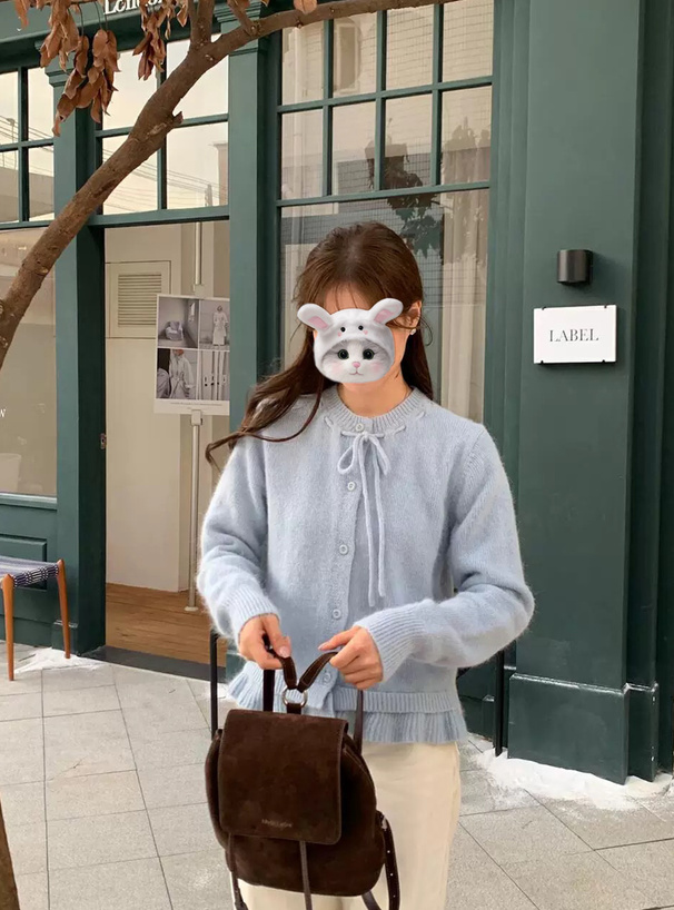 ステッチリボンフリルニットカーディガン