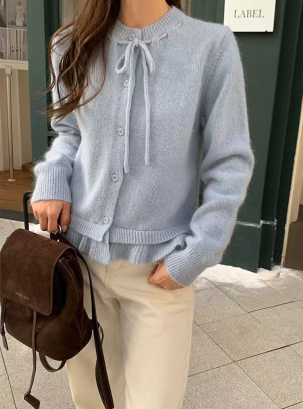 ステッチリボンフリルニットカーディガン