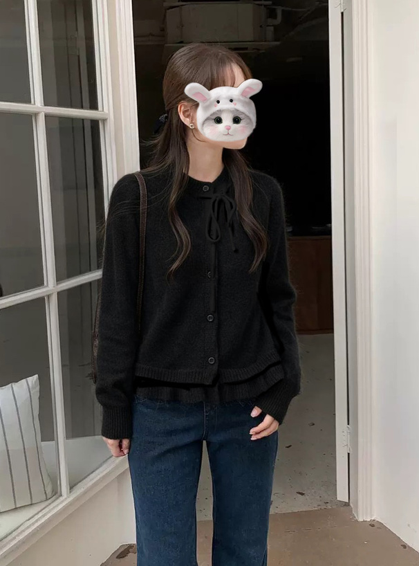 ステッチリボンフリルニットカーディガン