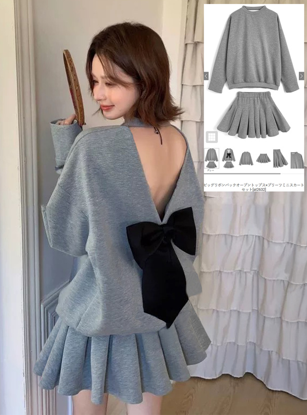 ビッグリボンバックオープントップス×プリーツミニスカートセット