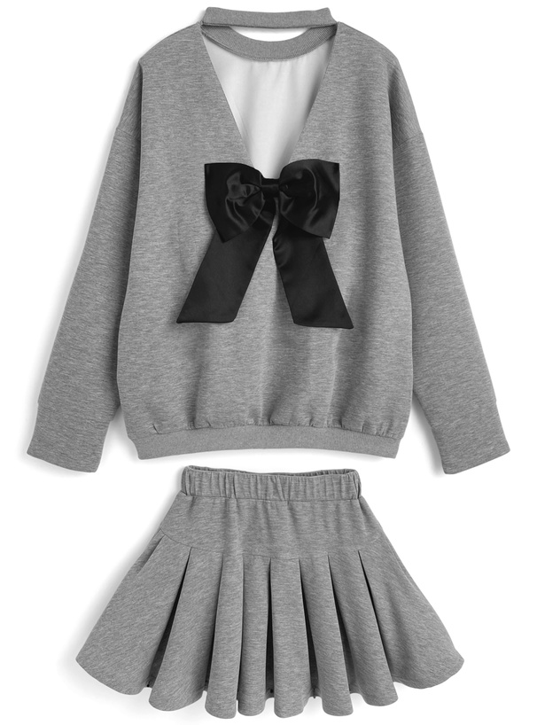 ビッグリボンバックオープントップス×プリーツミニスカートセット