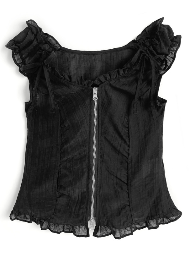 オフショルダーフリルリボンダブルジップトップス