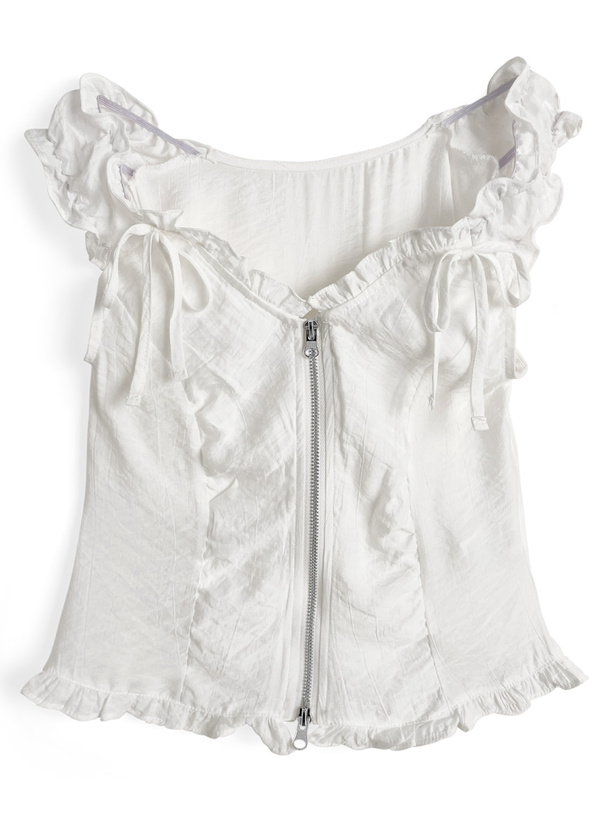 オフショルダーフリルリボンダブルジップトップス