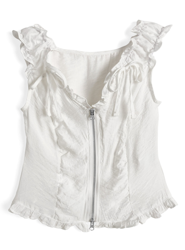 オフショルダーフリルリボンダブルジップトップス