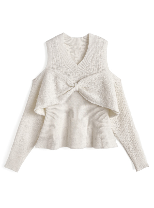 オープンショルダーリボンペプラムラメニットトップス[at2666]